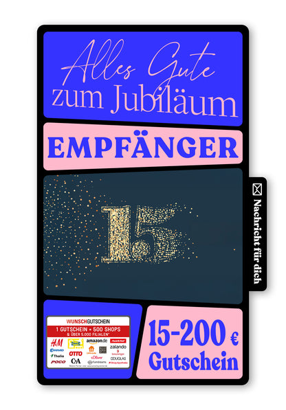 Wunschgutschein Digital - 15 Jahre Jubiläum - Blau Gold – Geschenkgutschein Ansicht 1