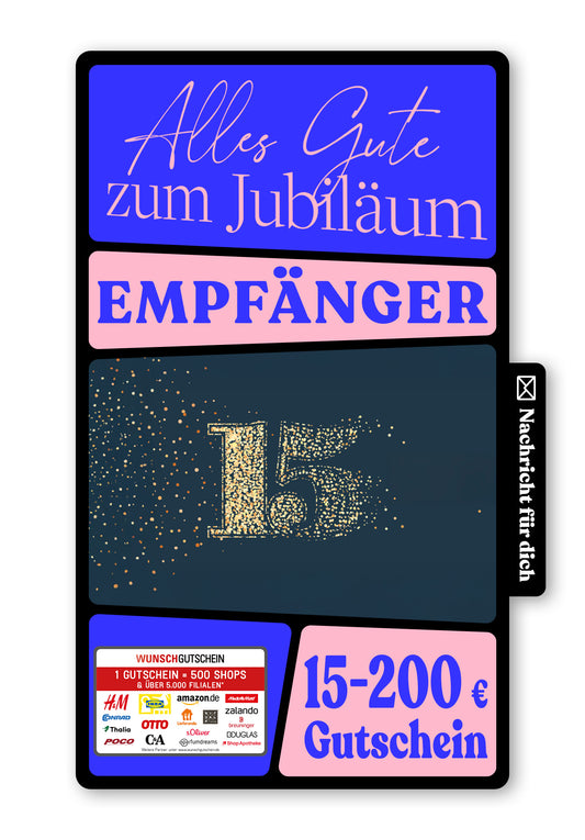 Wunschgutschein Digital - 15 Jahre Jubiläum - Blau Gold – Geschenkgutschein Ansicht 1