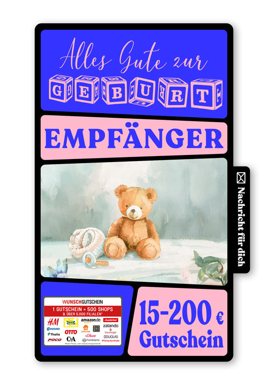 Wunschgutschein Digital - Alles Gute Geburt - Teddy Schnuller – Geschenkgutschein Ansicht 1