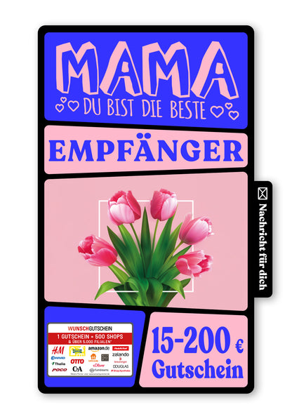 Wunschgutschein Digital - Für die beste Mama - Pinke Tulpen – Geschenkgutschein Ansicht 1
