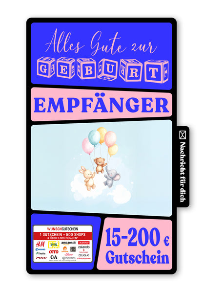 Wunschgutschein Digital - Hallo Baby - Ballons Tiere – Geschenkgutschein Ansicht 1