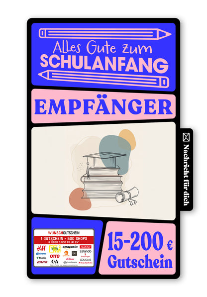 Wunschgutschein Digital - Glückwunsch Zeugnis - Bücher und Hut – Geschenkgutschein Ansicht 1