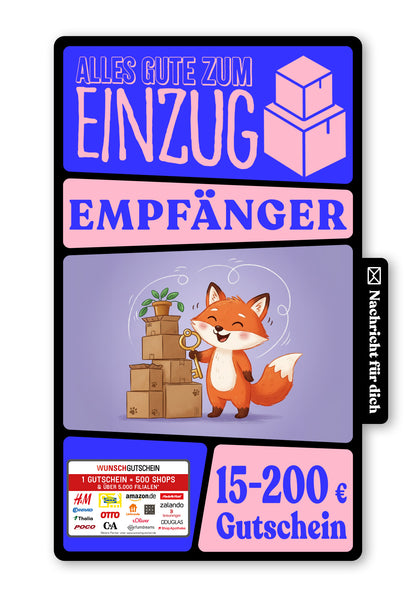 Wunschgutschein Digital - Alles Gute zum Einzug - Fuchs Lila – Geschenkgutschein Ansicht 1