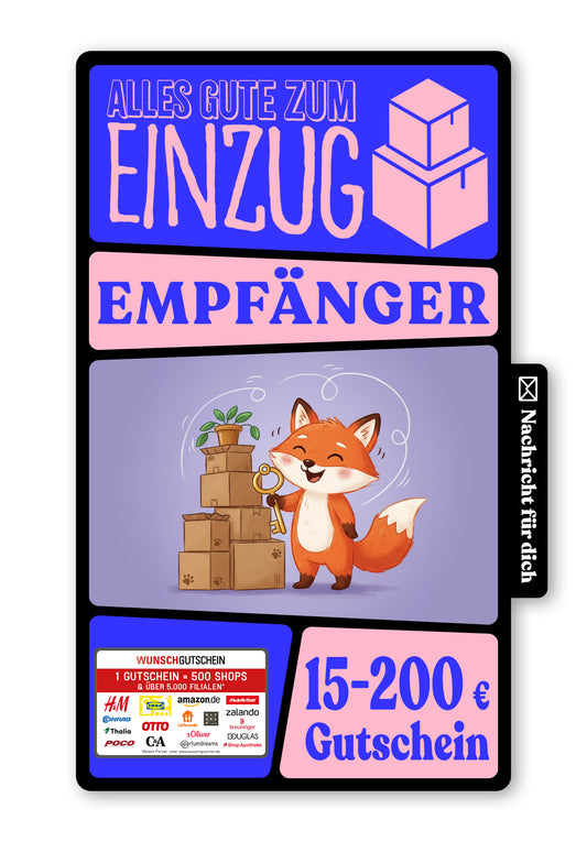 Wunschgutschein Digital - Alles Gute zum Einzug - Fuchs Lila – Geschenkgutschein Ansicht 1