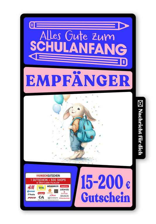 Wunschgutschein Digital - Hurra Schulkind - Hase – Geschenkgutschein Ansicht 1
