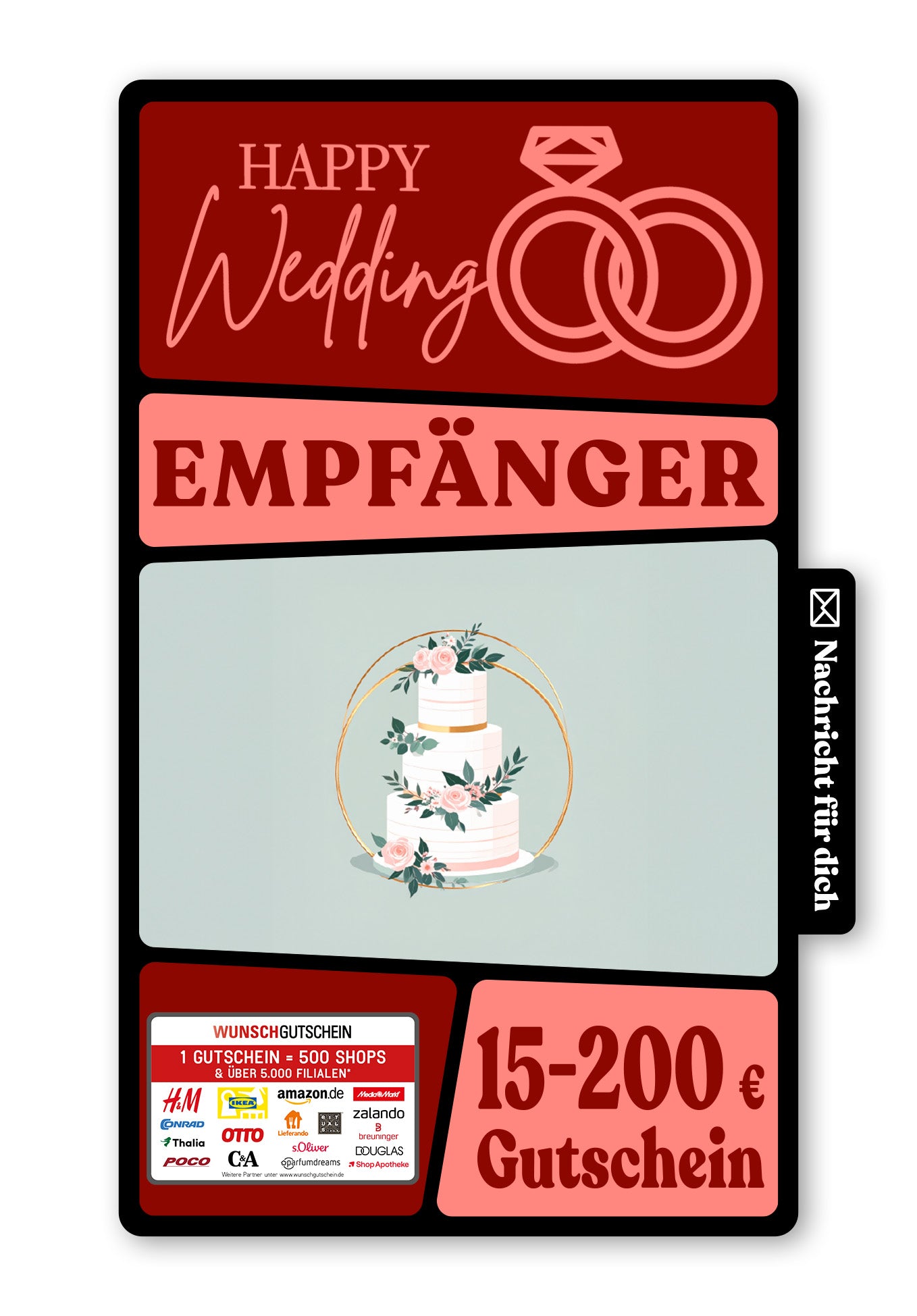 Wunschgutschein Digital - Zur Hochzeit die besten Wünsche - Torte Rosen – Geschenkgutschein Ansicht 1