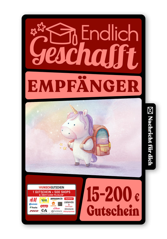 Wunschgutschein Digital - Hurra erster Schultag - Einhorn – Geschenkgutschein Ansicht 1