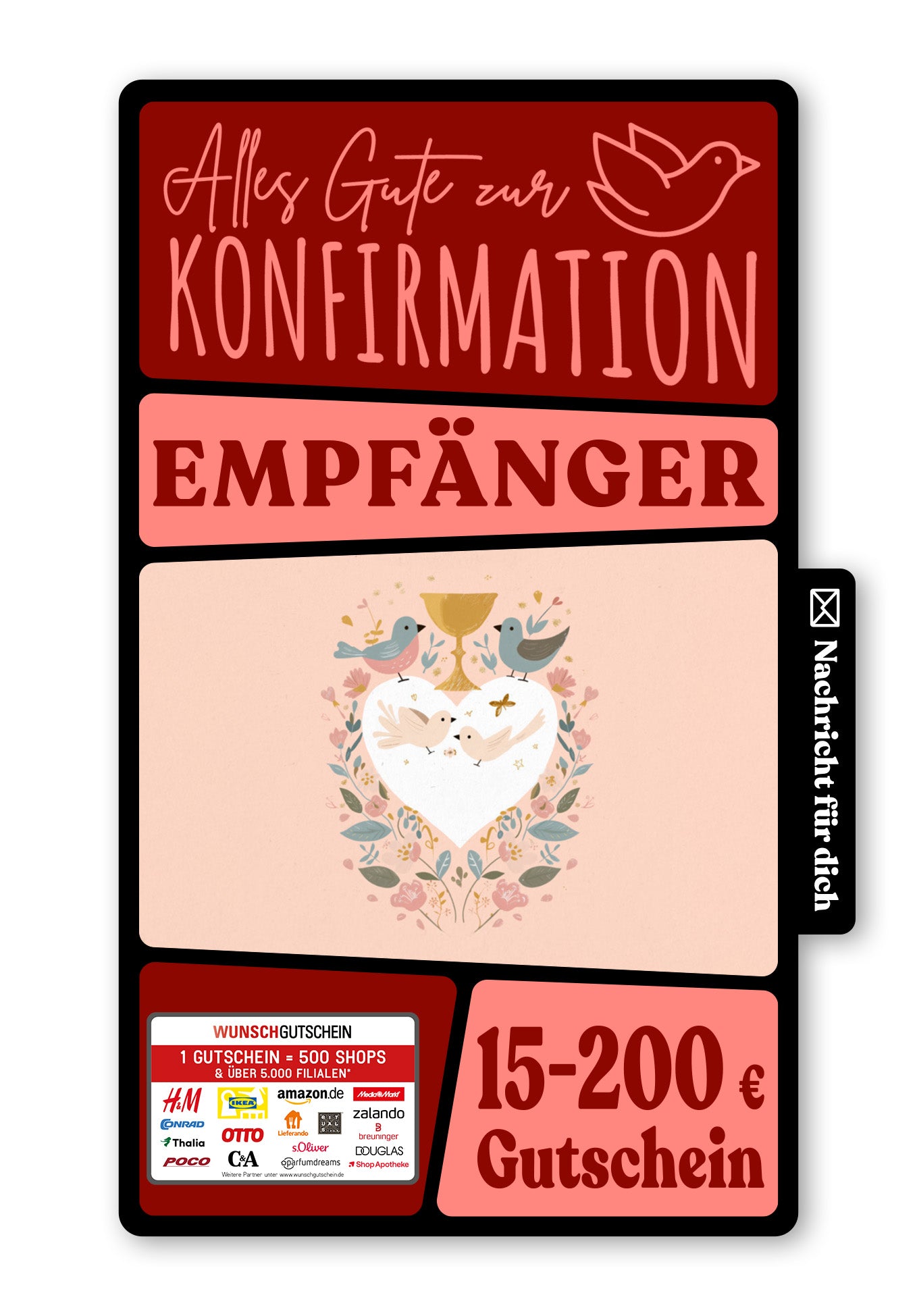 Wunschgutschein Digital - Zur Kommunion - Herz Vögel – Geschenkgutschein Ansicht 1