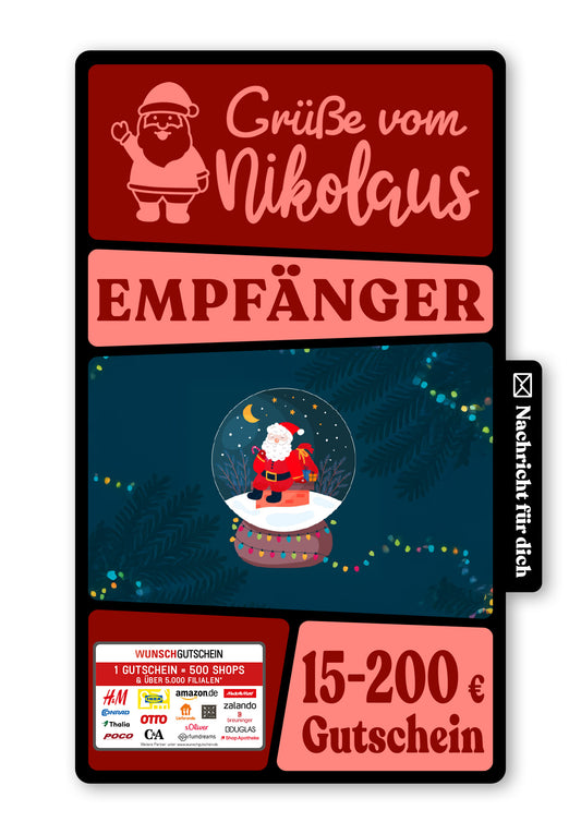 Wunschgutschein Digital - Schönen Nikolaustag - Nikolaus Schneekugel – Geschenkgutschein Ansicht 1
