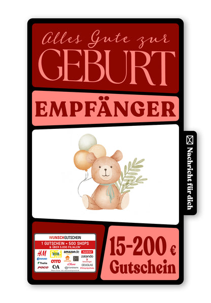 Wunschgutschein Digital - Hurra Baby da - Bär Ballons – Geschenkgutschein Ansicht 1