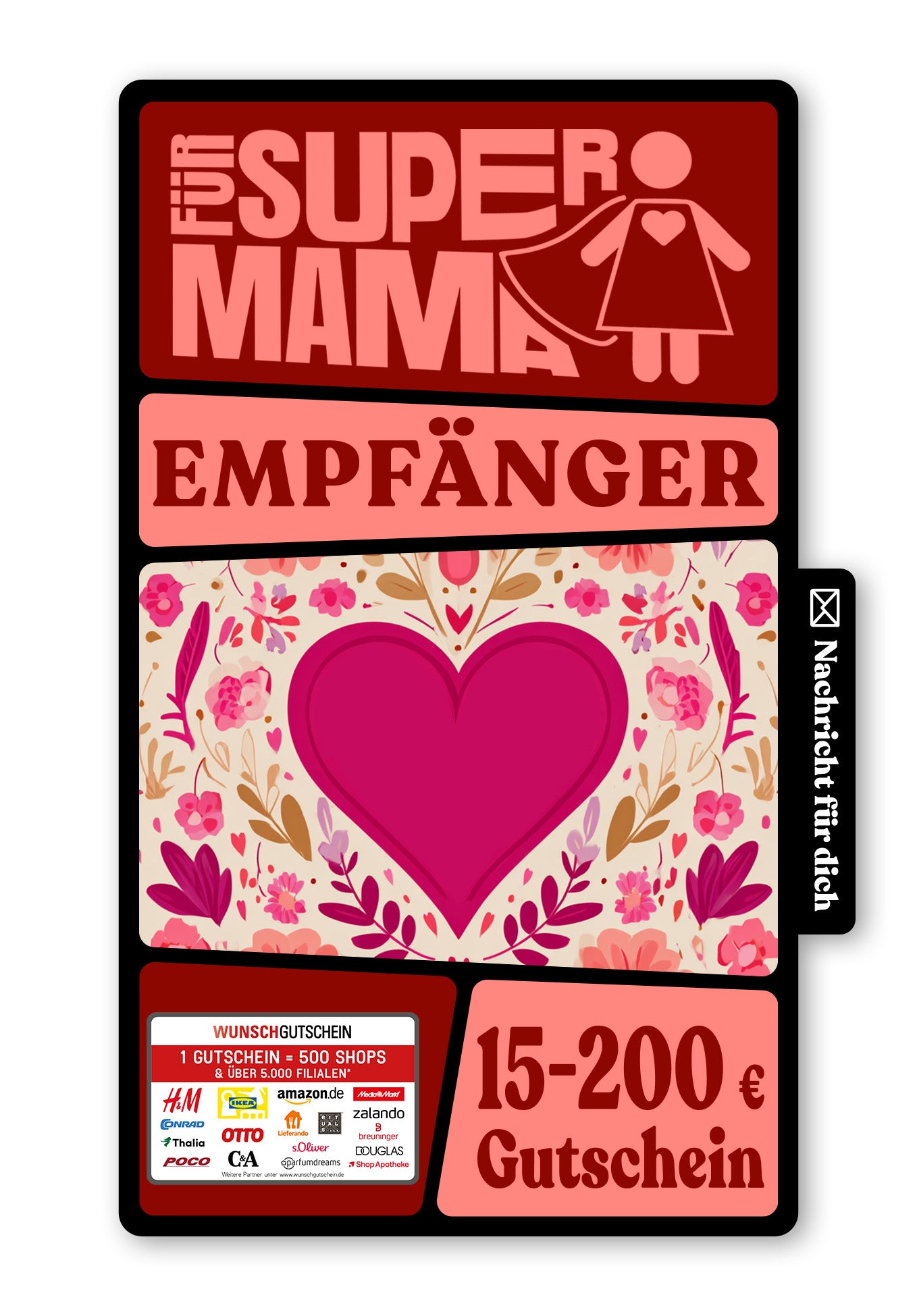 Wunschgutschein Digital - Mama du bist die Beste - Herz Blumenmuster – Geschenkgutschein Ansicht 1