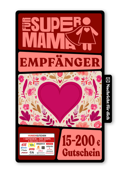 Wunschgutschein Digital - Mama du bist die Beste - Herz Blumenmuster – Geschenkgutschein Ansicht 1