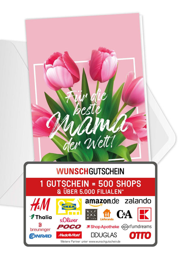Wunschgutschein Für die beste Mama - Pinke Tulpen PDF – Geschenkgutschein Ansicht 1