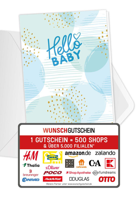 Wunschgutschein Hello Baby - Blau PDF – Geschenkgutschein Ansicht 1