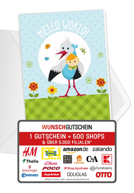 Wunschgutschein Hello World - Storch – Geschenkgutschein Ansicht 1